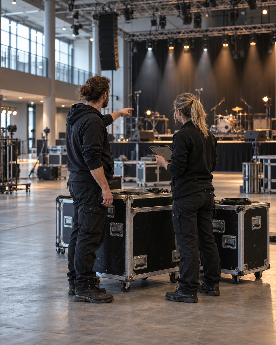 Illustration: Zwei Teammitglieder bereiten eine Bühne mit Flightcases vor