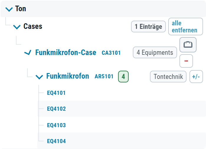 Originalansicht: Material und Case-Inhalte mit fiktiven Daten