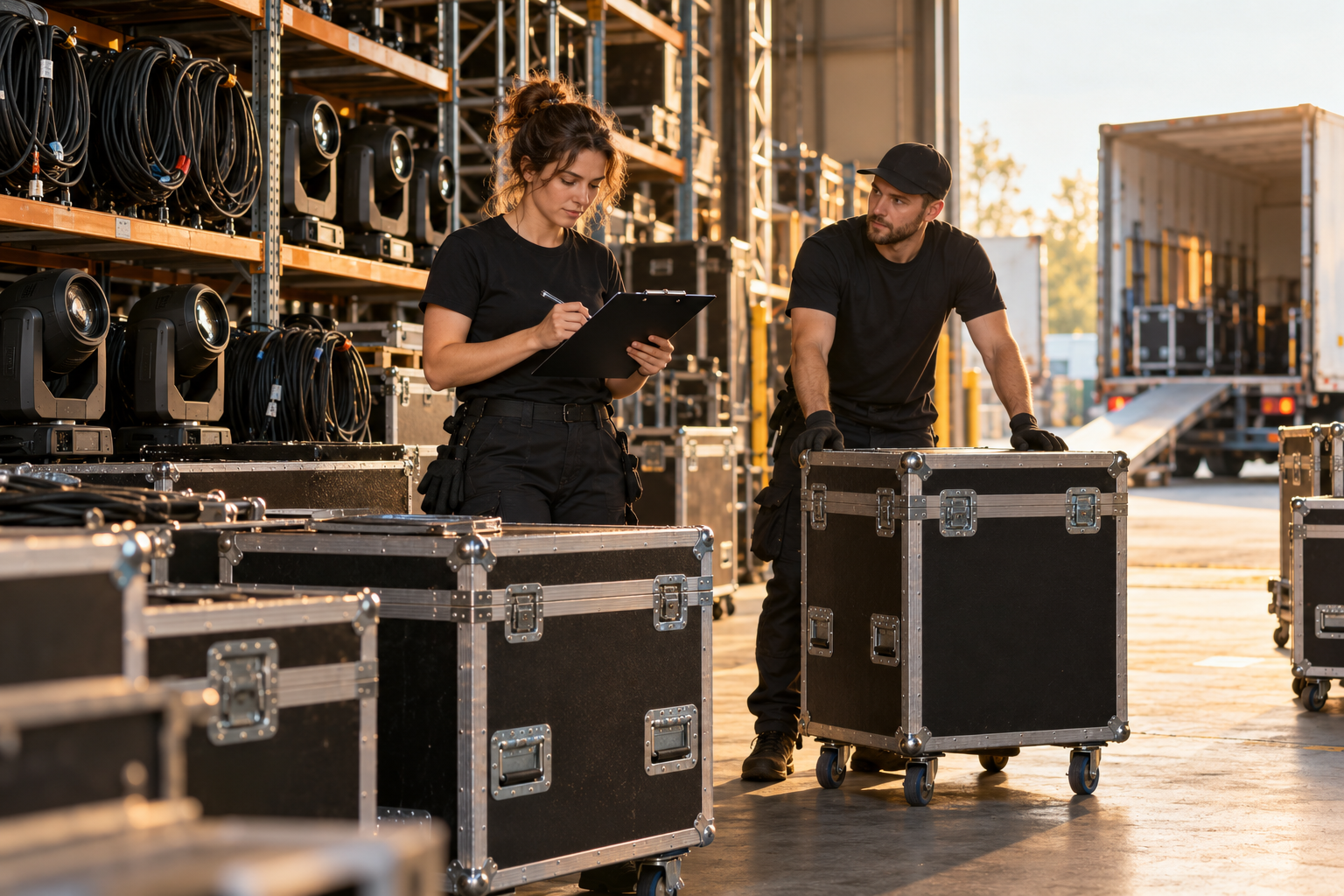 Illustration: Eventteam bereitet Flightcases im Lager vor